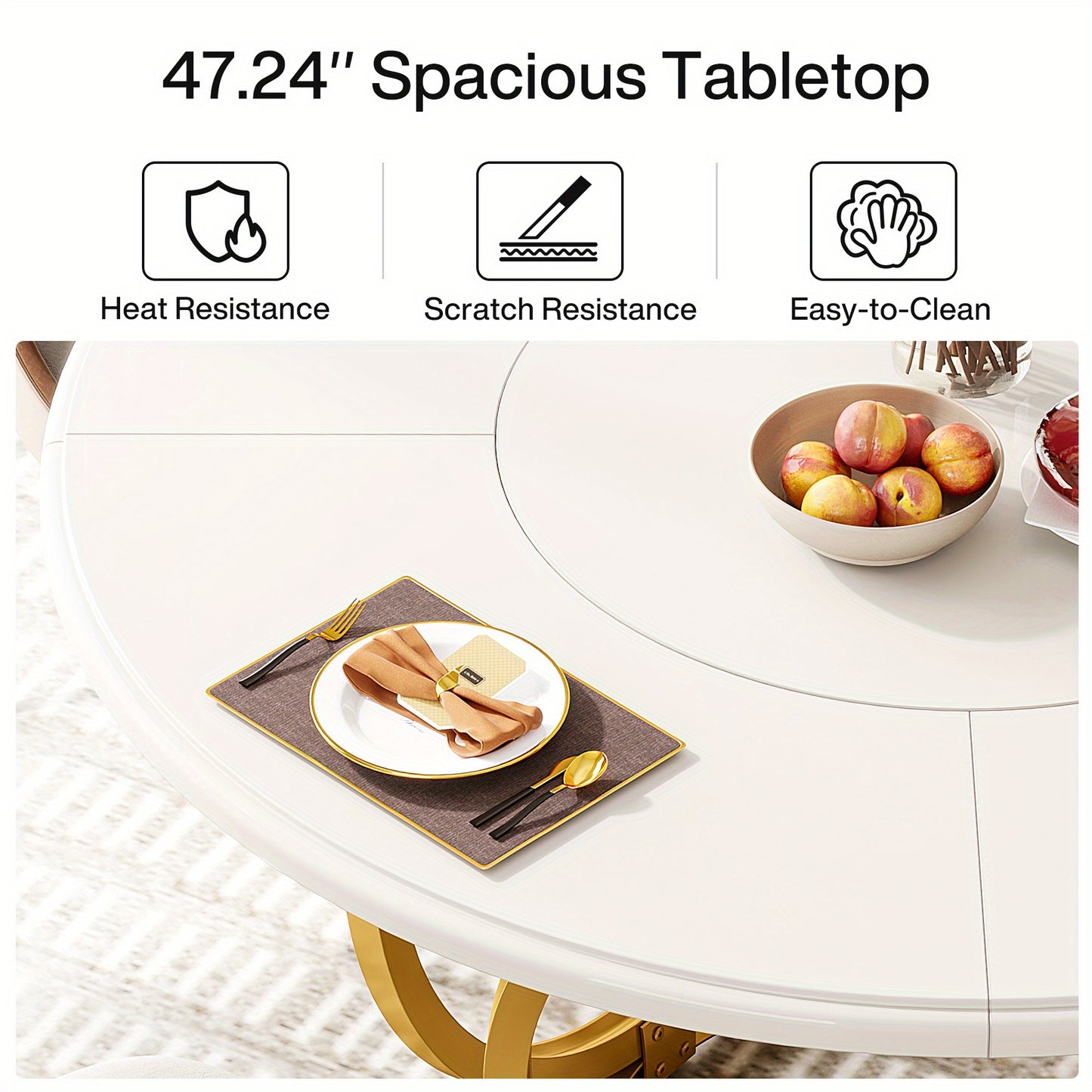Eettafel – Dinertafel – Keukentafel – Salontafel – Rond – Extra Groot 119 cm – Wit Gelakt Spaanplaat – Gouden Metalen Onderstel – Ruimtebesparend & Modern Design