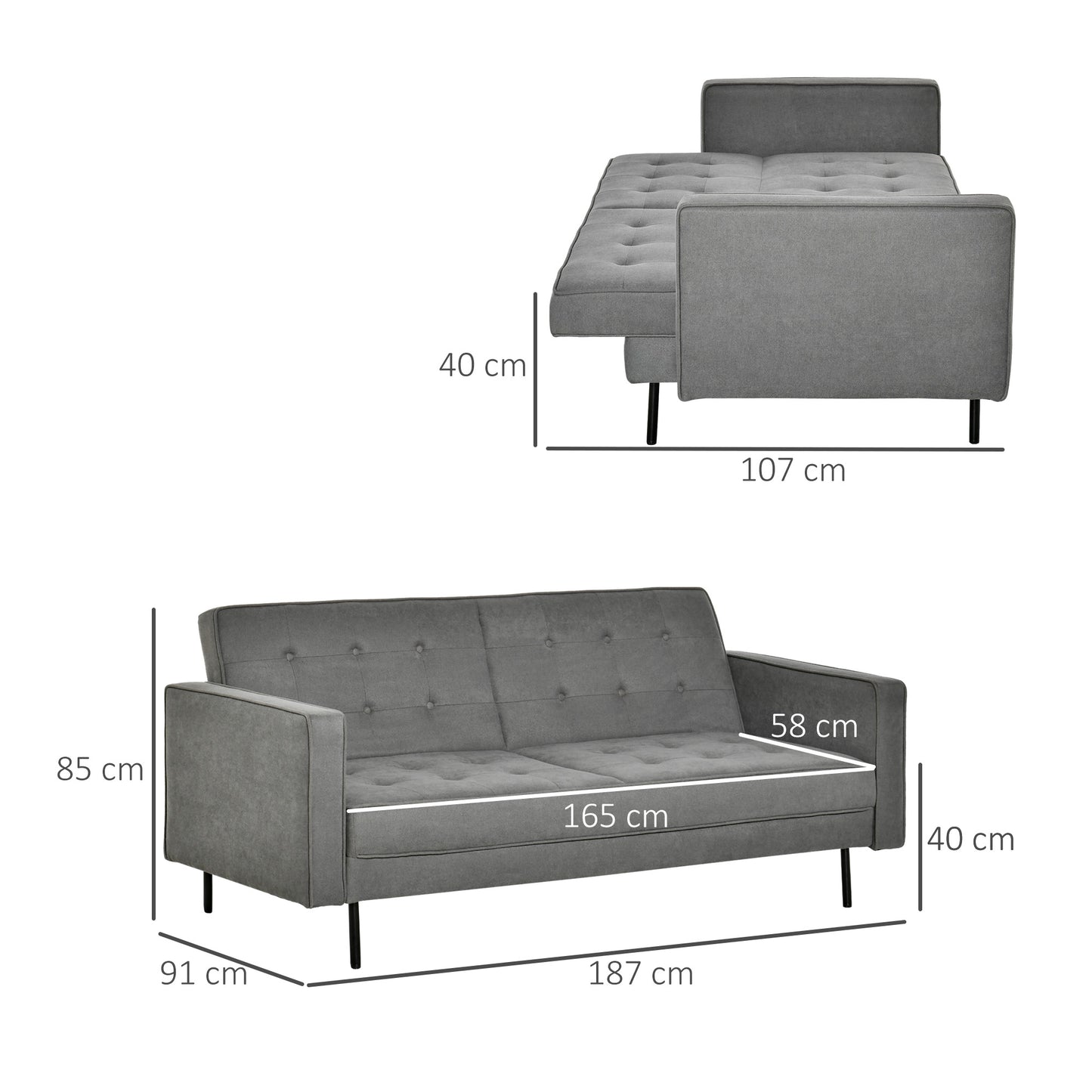 Slaapbank – Bedbank – Bankstel – Bedbank met Slaapfunctie – 3-Zits Sofa – Verstelbare Rugleuning – Vintage Eucalyptus Hout – Katoenen Stoffering – Grijs – 187 x 91 x 85 cm