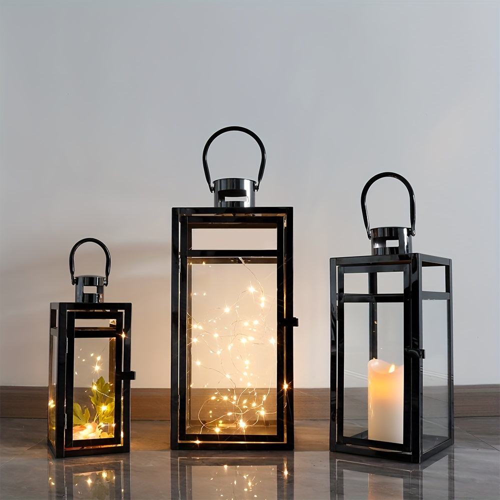 Lantaarn – Tuinlantaarn – Windlicht – Sfeerlamp – Outdoor Lamp – Set Van 3 – Zwart Metalen Design – Gehard Glas – 48/38/30 cm Hoog