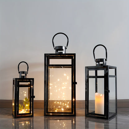 Lantaarn – Tuinlantaarn – Windlicht – Sfeerlamp – Outdoor Lamp – Set Van 3 – Zwart Metalen Design – Gehard Glas – 48/38/30 cm Hoog