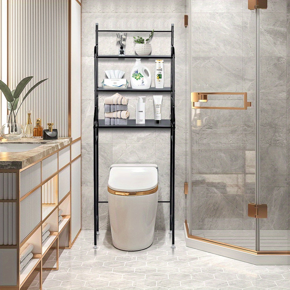 Opbergrek Badkamer – Badkamerkast – Toiletkast – Opbergkast – Rek Voor Boven Toilet – Zwart – 3-laags – 55 x 26 x 165 cm – Metalen Frame – Ruimtebesparend Design