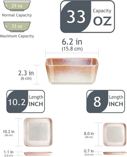 Dinnerware set white/orange - Ceramic - Square - Nevel - 8 large plates - 8 small plates - 8 bowls - 24 pieces - White - Orange