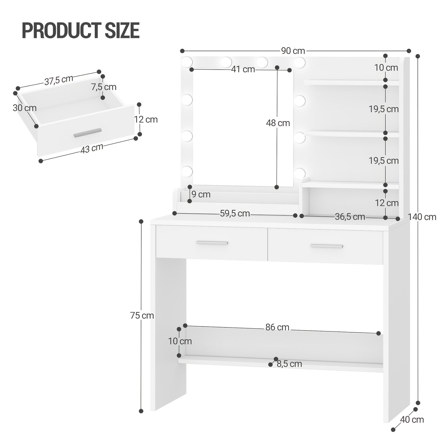 Kaptafel – Make-up Tafel – Opmaktafel – Visagietafel – Beautytafel – Met Spiegel en LED Verlichting – 2 Lades en 4 Open Vakken – Modern Wit – 3 Lichtstanden