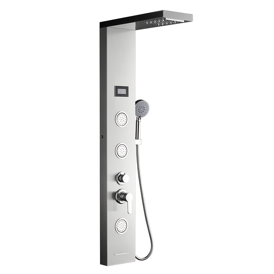 Douche Systeem – Regendouche – Handdouche – Bodyjets – Watervaluitloop – Grijs – Thermostatische Mengkraan – Roestvrij Staal