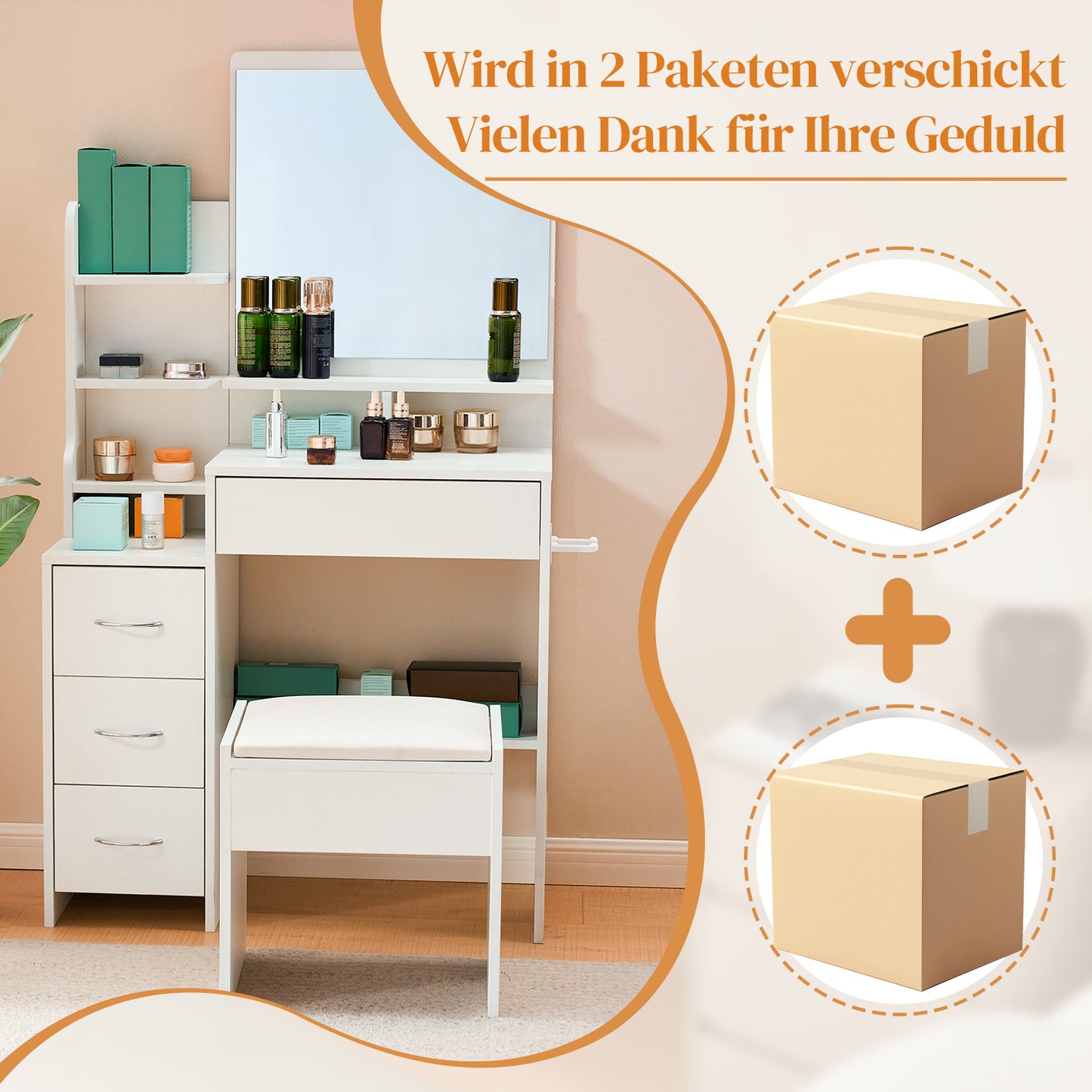 Kaptafel – Make-up Tafel – Dressing Table – Schminktisch – Vanity Table – Wit – 4 Laden Opbergruimte – Ingebouwde Föhnhouder