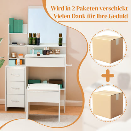 Kaptafel – Make-up Tafel – Dressing Table – Schminktisch – Vanity Table – Wit – 4 Laden Opbergruimte – Ingebouwde Föhnhouder