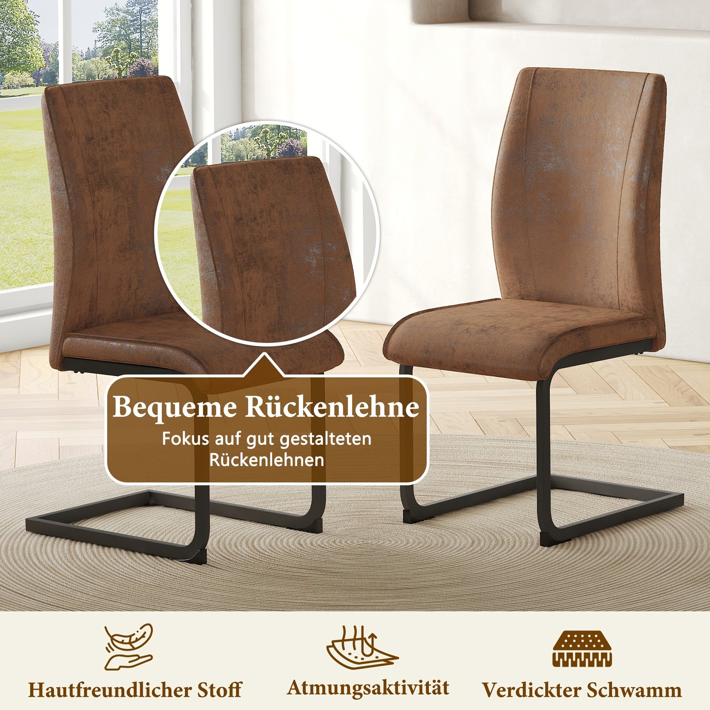 Eetkamerstoelen – Stoelen – Kuipstoelen – Set van 2 – Bruin vintage look – Suède-imitatie bekleding – Ergonomisch design – Comfortabel zitoppervlak