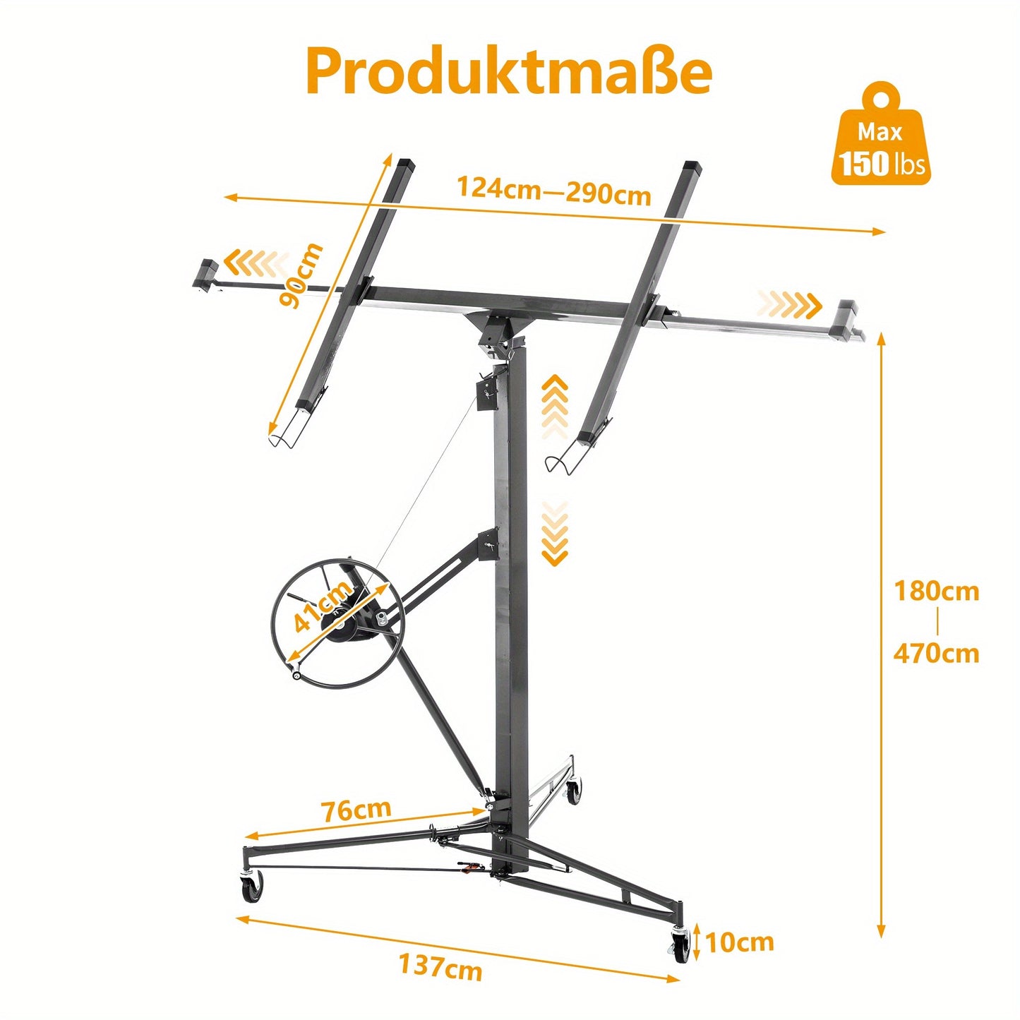 Foldable Heavy-Duty Plasterboard Lift Suitable for Plasterboards - Adjustable Height (180-470cm), Portable 3-Wheel Lift with Parking Brake & 60° Tilt, Metal Frame for Drywall Installation, Ceiling & Wall - Ideal for DIY & Pr