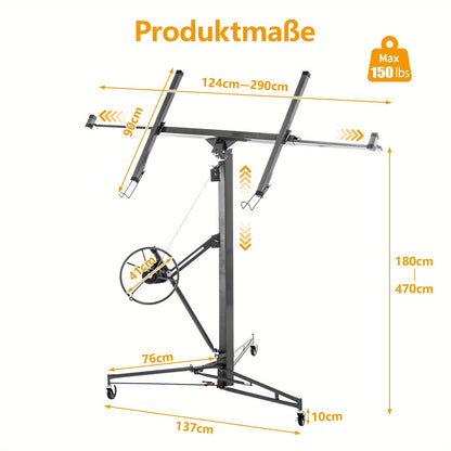 Foldable Heavy-Duty Plasterboard Lift Suitable for Plasterboards - Adjustable Height (180-470cm), Portable 3-Wheel Lift with Parking Brake & 60° Tilt, Metal Frame for Drywall Installation, Ceiling & Wall - Ideal for DIY & Pr