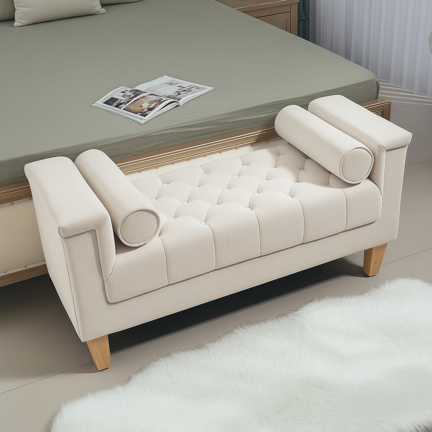 Schoenenbank – Opbergbank – Zitbank – Schoenenkast – Bankje – Gestoffeerd Chenille – Met Zitkussen en Bergruimte – 115x44x58 cm – Houten Frame – Beige