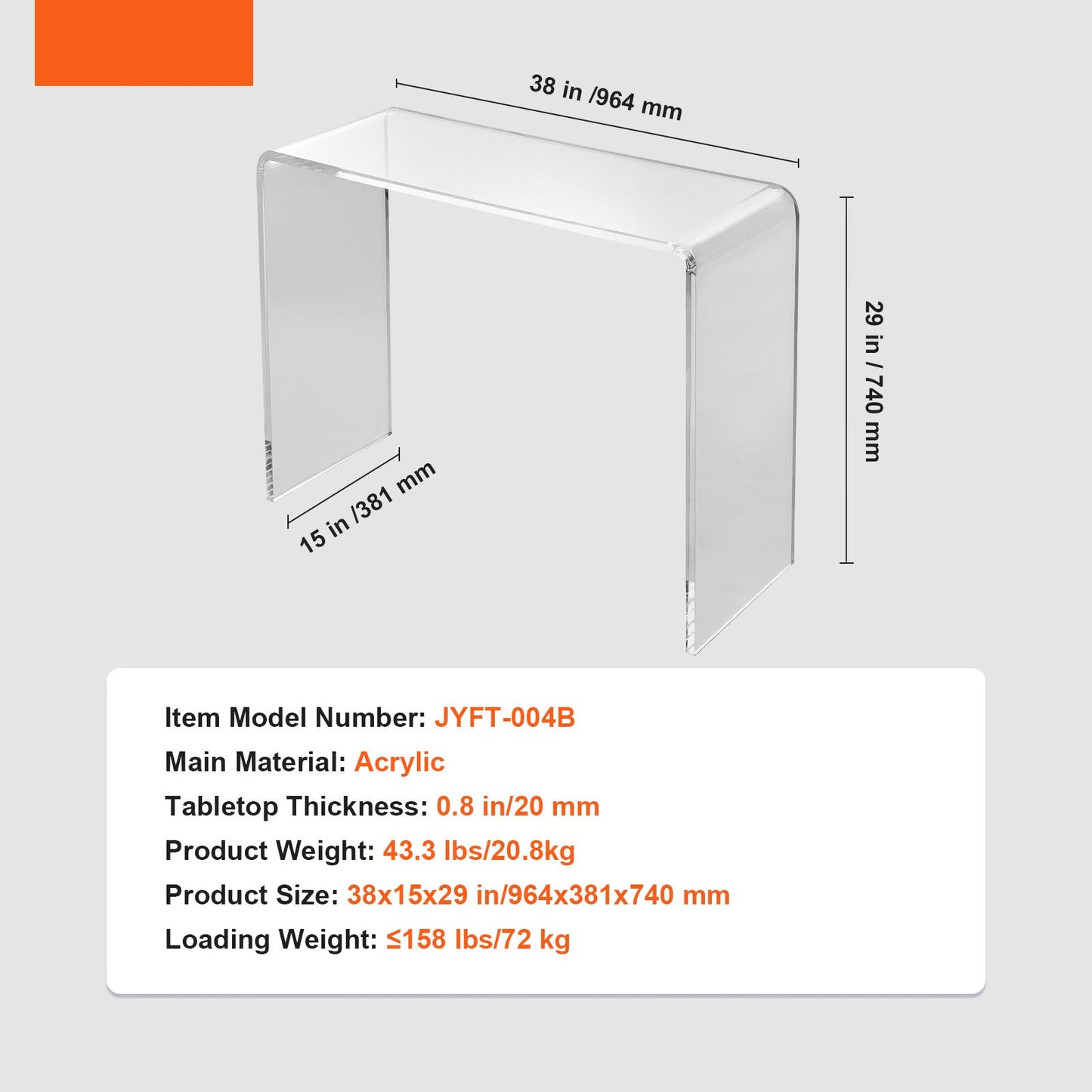 Acryl Sidetable – Bijzettafel – Console Tafel – Haltafel – Transparante Tafel – 96,4x38,1x74 cm – 20 mm Dik Acryl & Nooit Montage Nodig
