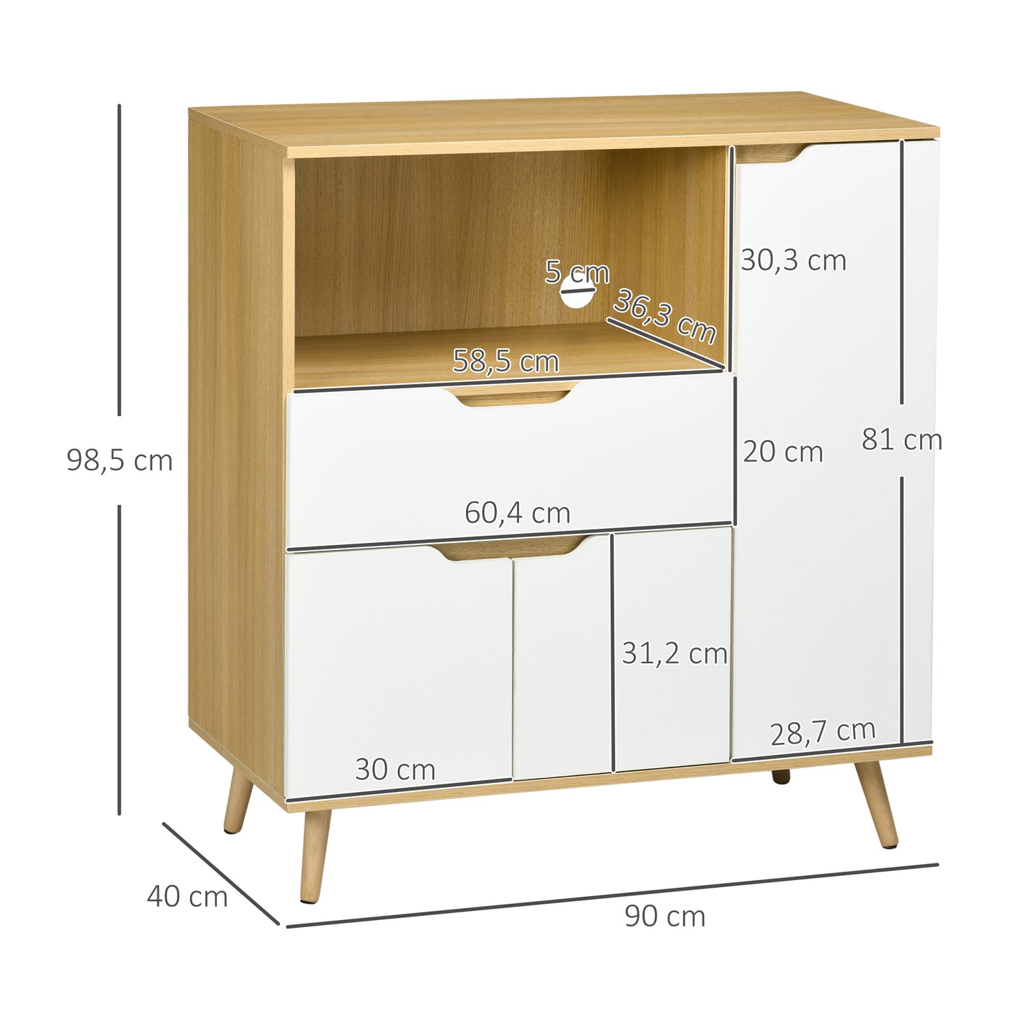 Keukenkastje – Keukenbuffet – Opbergkast – Kast met Lade – Keukenkast met Verstelbare Planken – 90x40x98,5 cm – Wit Met Houtlook – Duurzaam Melamine – Anti-Kantelbeveiliging