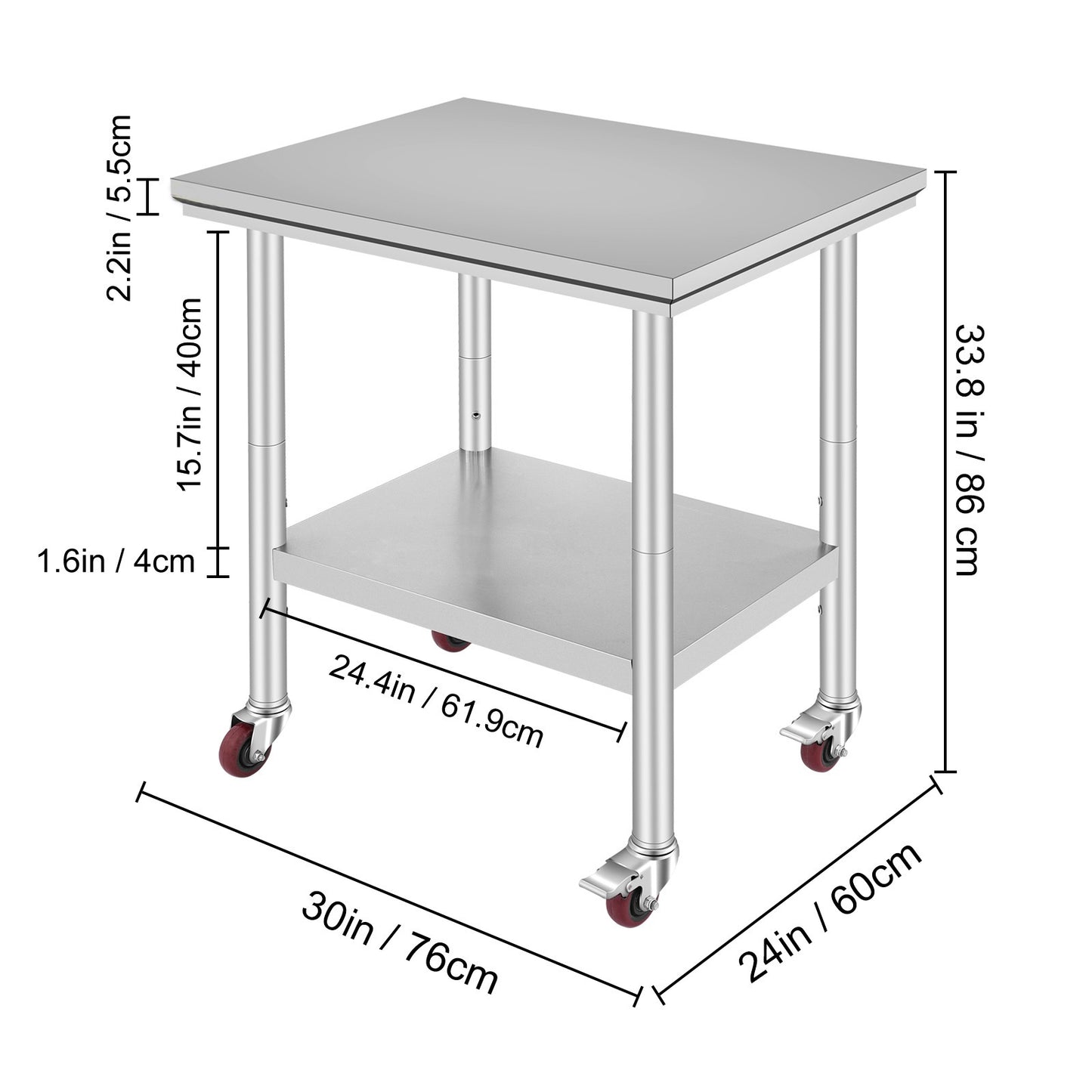 Werktafel – Werkbank – Werkoppervlak – Werkplateau – Roestvrijstaal – Verstelbare Planken – Zwenkwieltjes – 61x76x86 cm