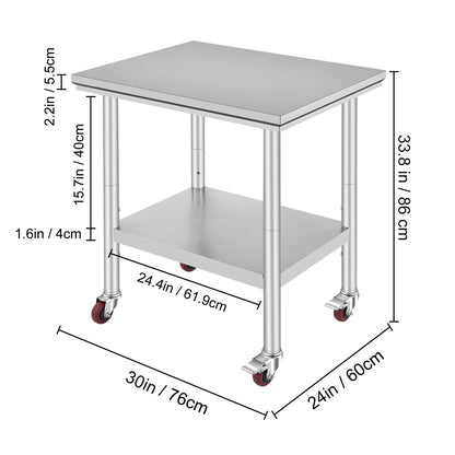 Werktafel – Werkbank – Werkoppervlak – Werkplateau – Roestvrijstaal – Verstelbare Planken – Zwenkwieltjes – 61x76x86 cm
