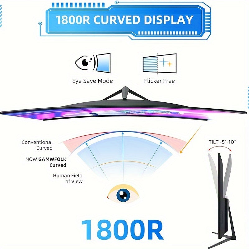 27 Inch Curved Monitor – Gaming Monitor – PC Monitor – Computerscherm – Beeldscherm – Full HD 1920x1080 – 180Hz Verversingssnelheid – Eye Care Technologie – FreeSync – VESA-compatibel