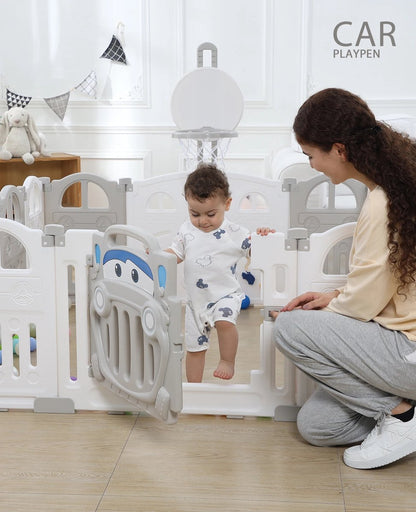 Baby Playpen - Floor Playpen - Foldable Playpen - Baby Toddler Playpen With Basketball Hoop - Educational Panels - 50 Colored Balls - L149 x W152 x H62 CM - Without Mat - Gray White
