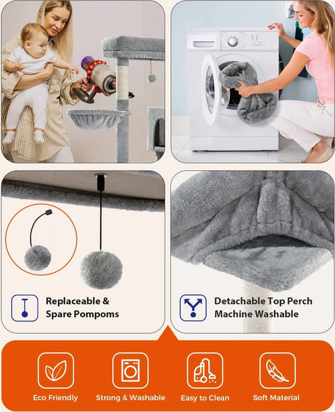 Multilevel Kattenboom - 5 verdiepingen - Inclusief Hangmat - Met Krabpalen en leuk speeltje - Voor grote katten - Grijs