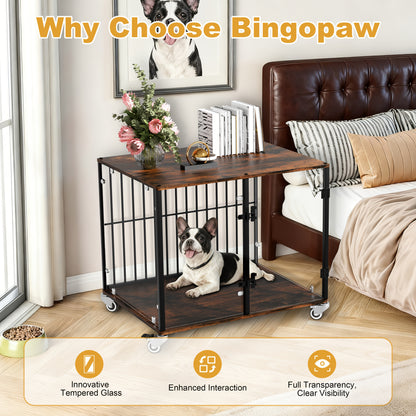 Bingopaw Dog Crate Furniture, 73cm Tempered Glass Dog Crate, Modern Indoor Dog Crate, Suitable for Small/Medium/Large Dogs Weighing No More Than 80kg, Side Table, Home Dog Crate, 77x 60 x 65cm, with 4 Brake Wheels, 360° No B