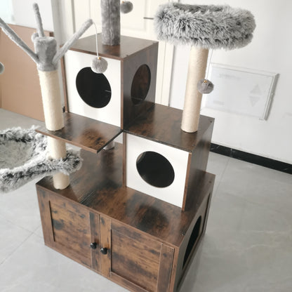Kattenboom – Krabpaal – Kattenmeubel – Kattenhuis – Kattenkast – Verborgen Kattenbak – Duurzame Sisal Krabpaal – Ruimtebesparend Bruin-Wit Design
