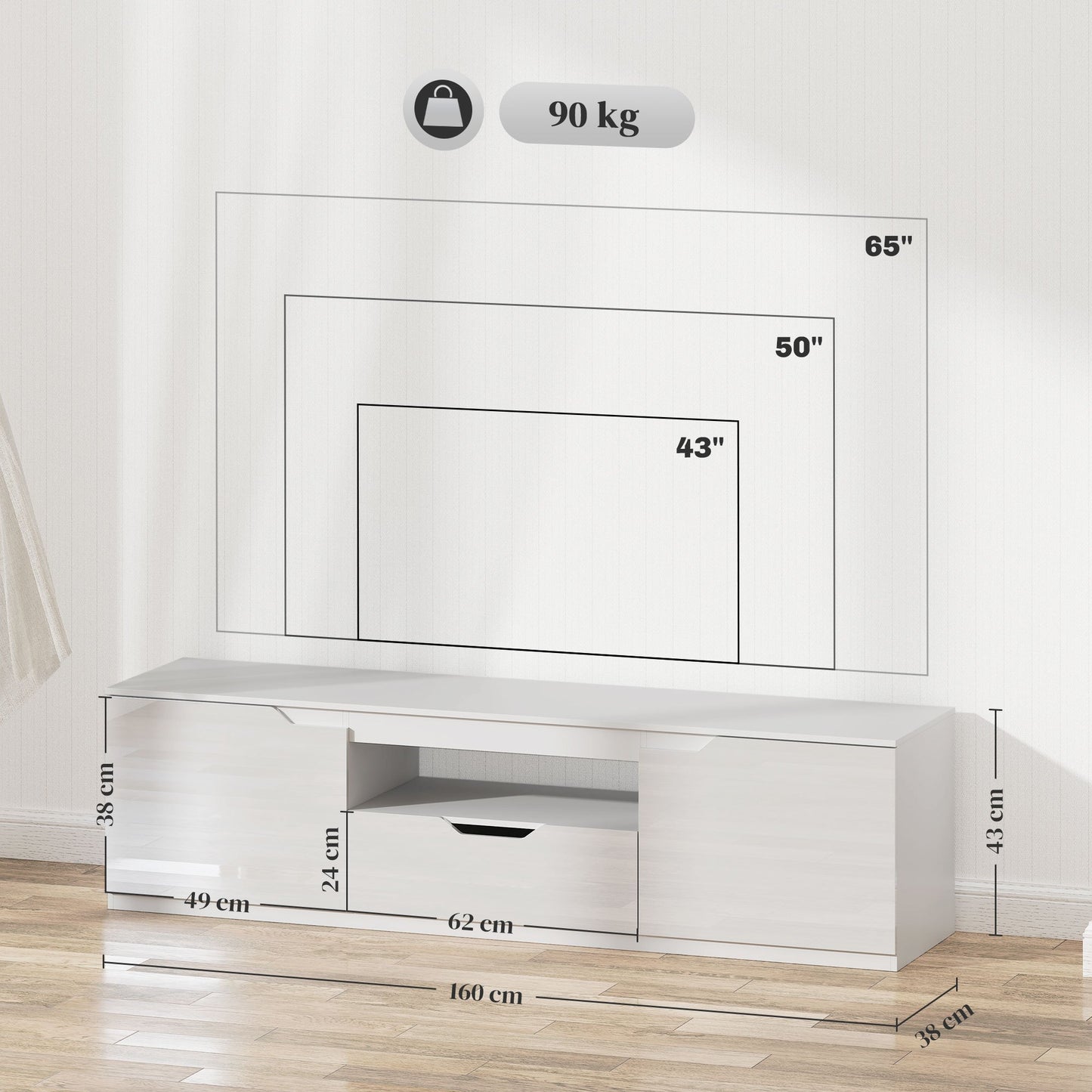Tv Meubel – Tv Kast – Tv Lowboard – Tv Dressoir – Hoogglans Wit – Geschikt Voor Tv Tot 65 Inch – 3 Compartimenten Met Lade – 160x38x43 cm