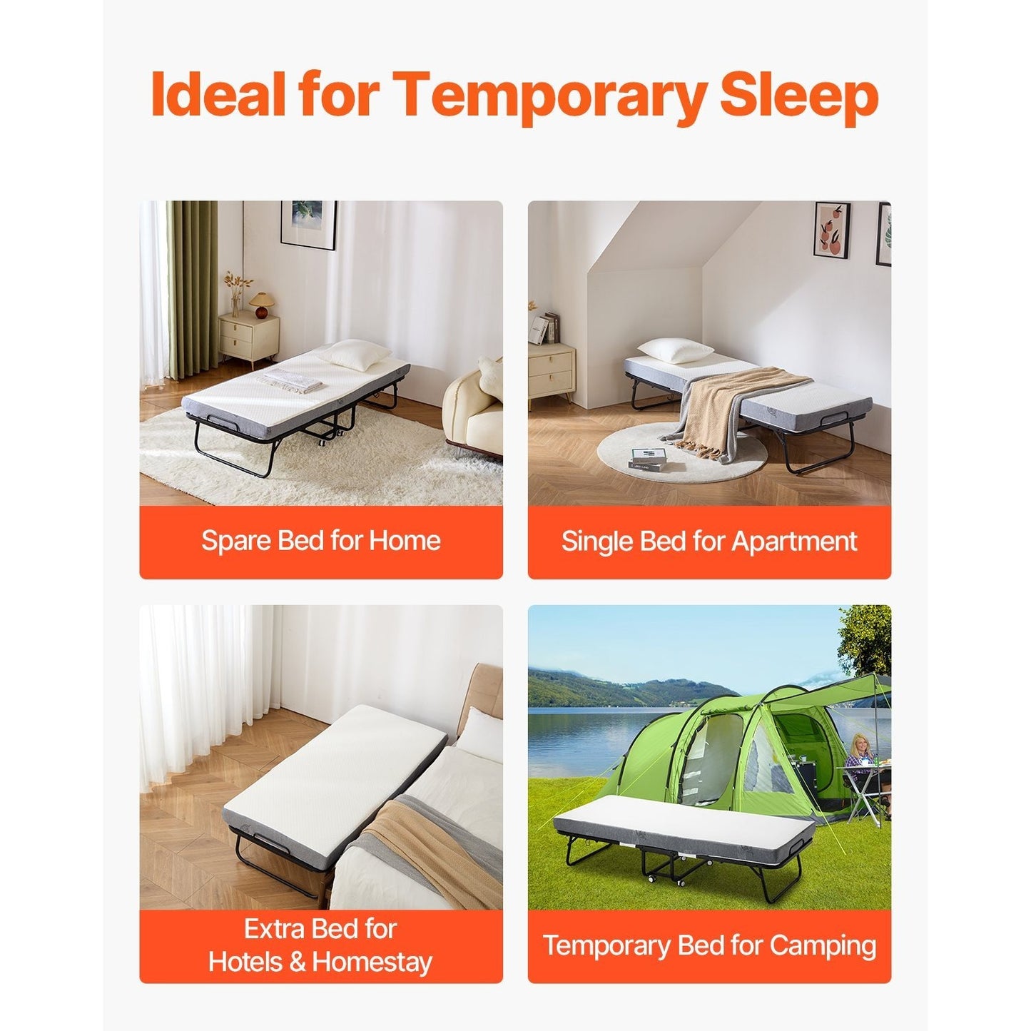Inklapbaar Logeerbed – Vouwbed – Opklapbed – Campingbed – Gastbed – Comfortabel 4 cm Schuimmatras – Mobiel Met Wieltjes – Wit