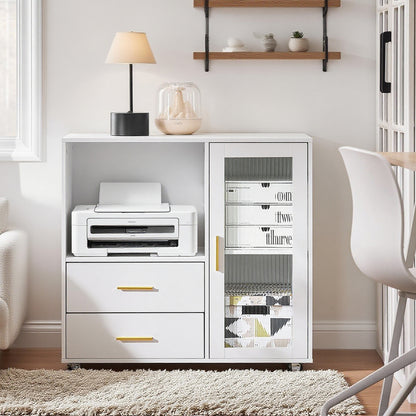 Kantoorkast – Opbergkast – Bureaukast – Mobiele Kast – Ladenkast – Met Wieltjes en Glasdeur – Compact 75x40x76 cm – MDF Stevig