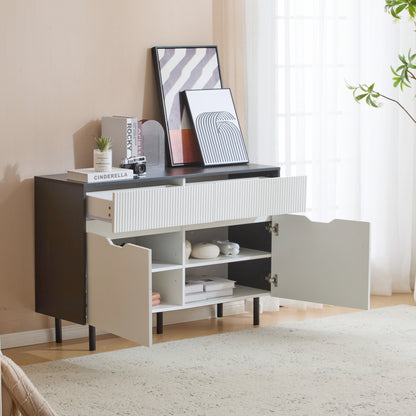 BTM Storage Cabinet 120cm with Ribbed Drawers, Black and White Design, Adjustable Shelves, 2 Doors, Sideboard Buffet, Cabinet Organizer for Kitchen, Living Room, Dining Room