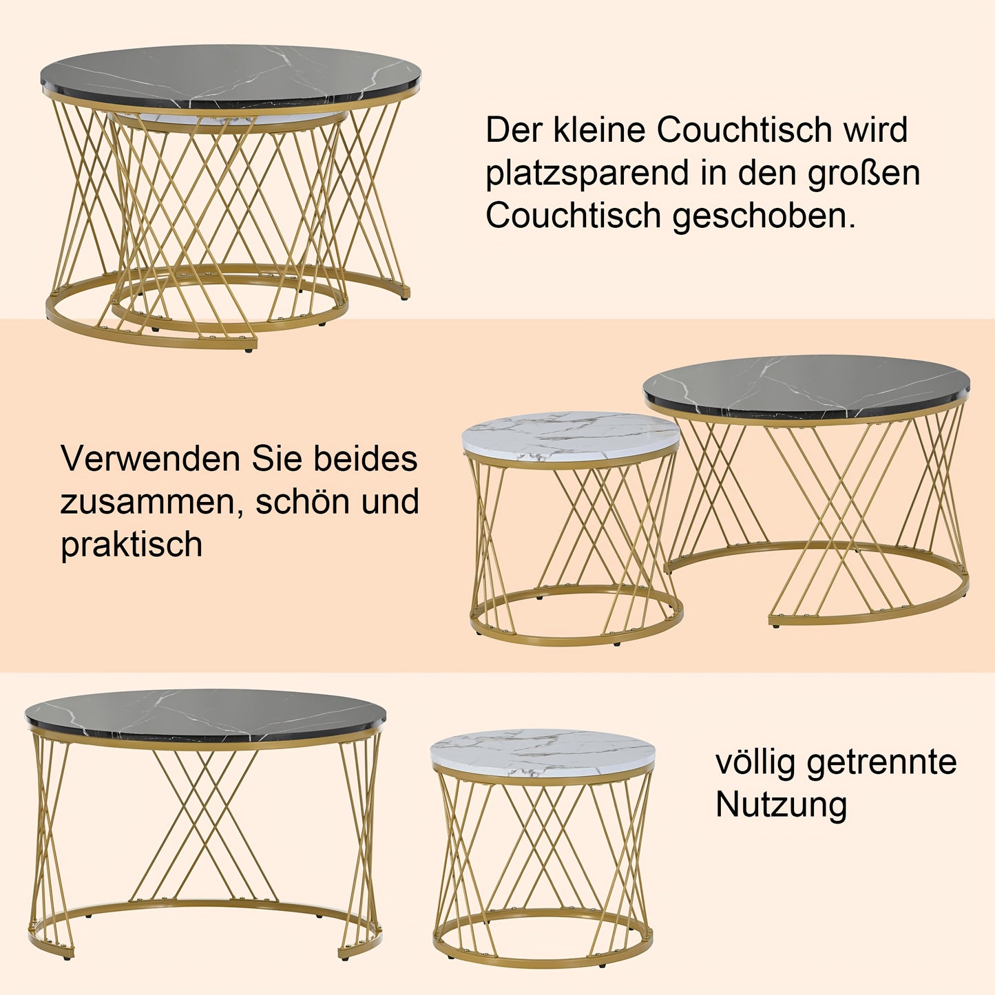 Salontafel – Bijzettafel – Koffietafel – Woonkamertafel – Nesting Set – Rond Marmerfineer – Gouden Metalen Frame – Ruimtebesparend Design – Eenvoudige Montage