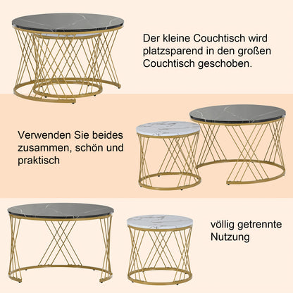 Salontafel – Bijzettafel – Koffietafel – Woonkamertafel – Nesting Set – Rond Marmerfineer – Gouden Metalen Frame – Ruimtebesparend Design – Eenvoudige Montage