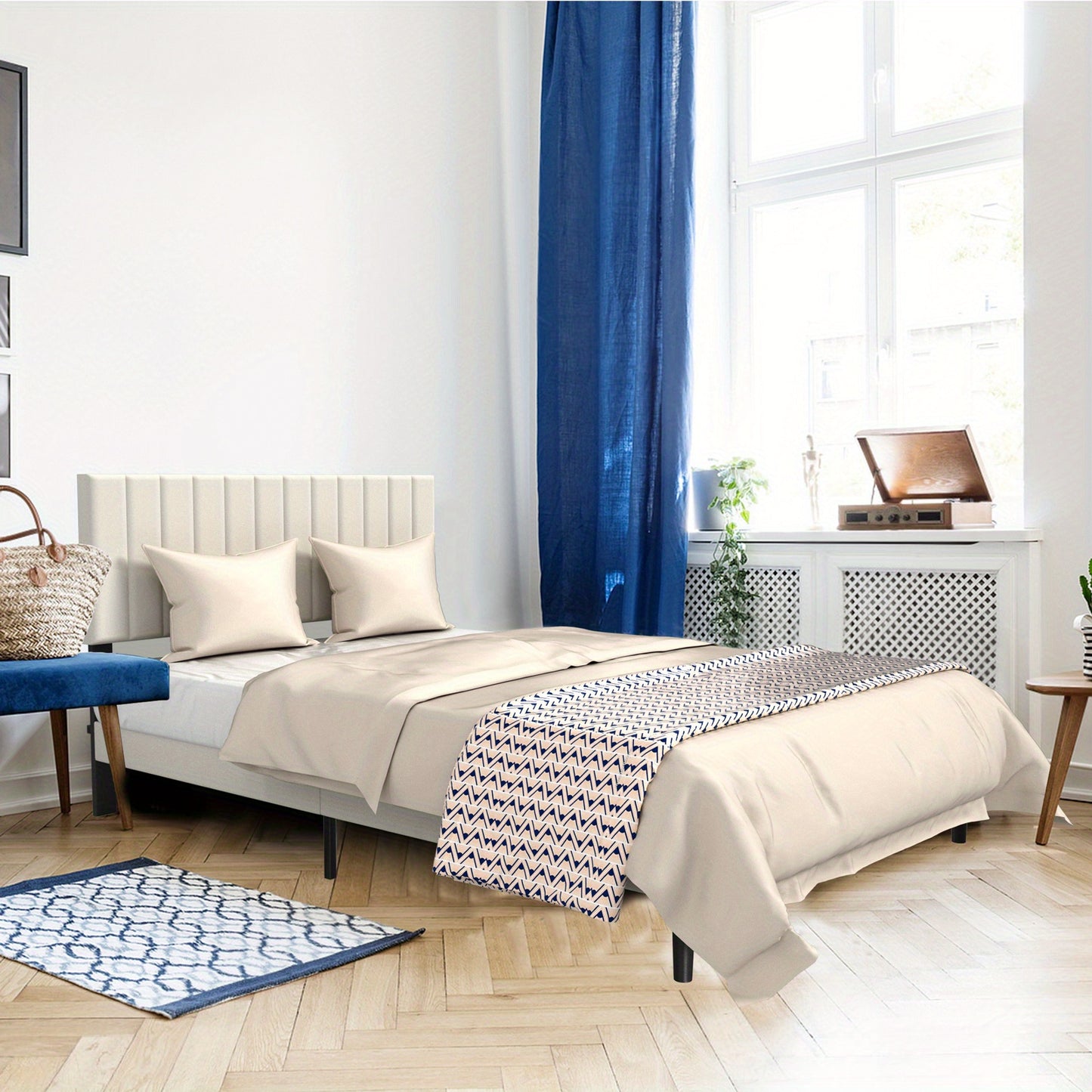 Gestoffeerd Bedframe – Gestoffeerd Bed – Bedframe Met Hoofdbord – Lattenbodem Bed – Stalen Bedframe – Zwart – Draagkracht 300 kg – 16,5 cm Hoog