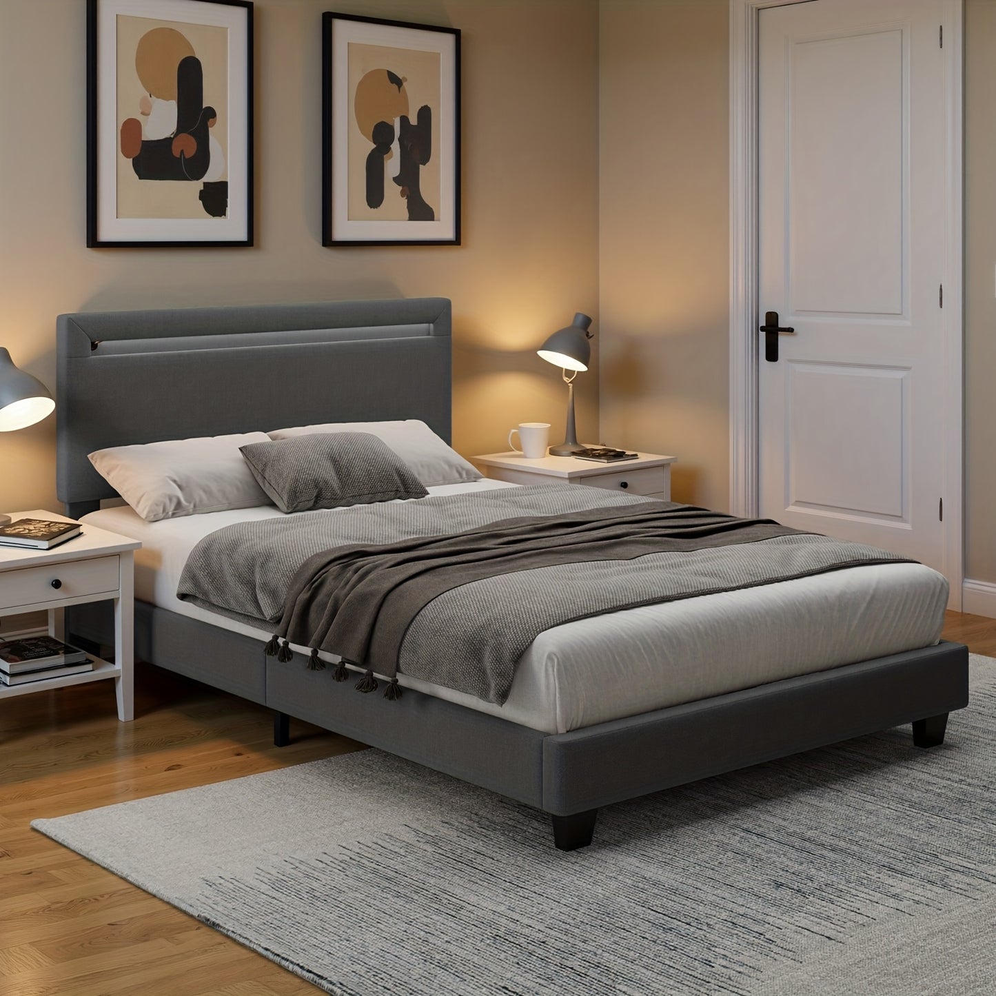 Modern Bedframe 120x200 – Bedbodem – Ledikant – Slaapbank – Lattenbodem – Stevige Houten Constructie – Gestoffeerd Hoofdeinde – Donkergrijs
