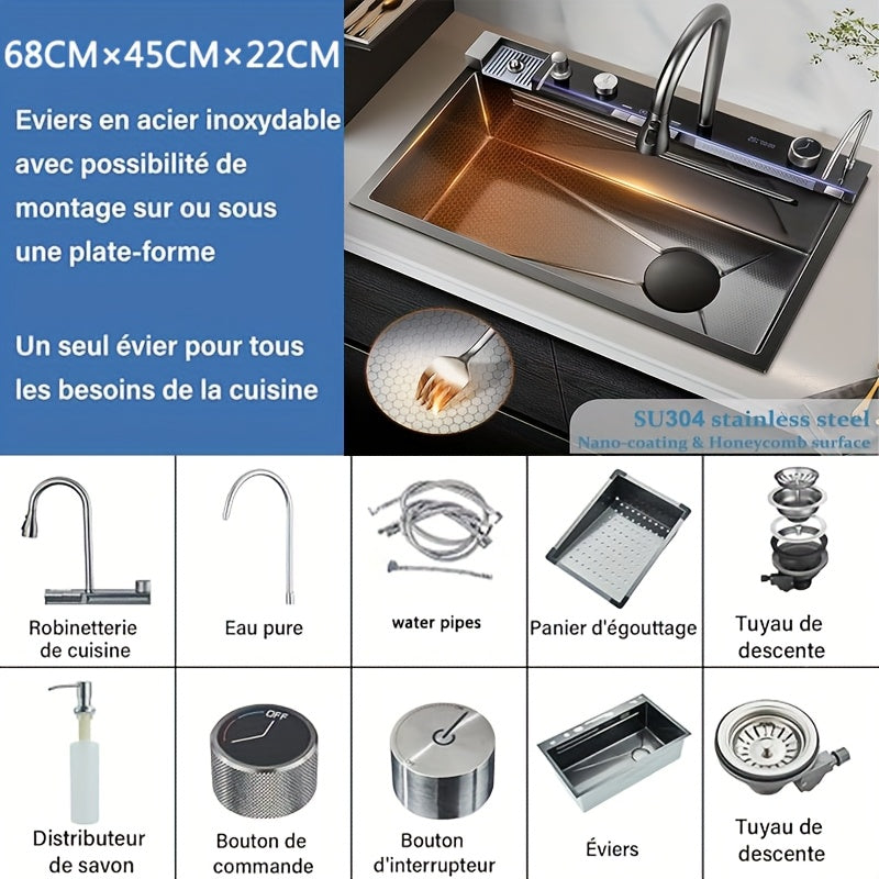 Roestvrijstalen Keukenspoelbak – Spoelbak RVS – Inbouw Spoelbak – Keukenbak – Barspoelbak – Donkergrijs 68x45x22 cm – Grote Capaciteit – Snelle Afvoer