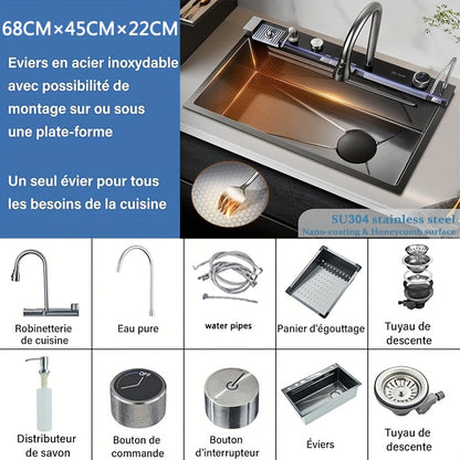 Roestvrijstalen Keukenspoelbak – Spoelbak RVS – Inbouw Spoelbak – Keukenbak – Barspoelbak – Donkergrijs 68x45x22 cm – Grote Capaciteit – Snelle Afvoer