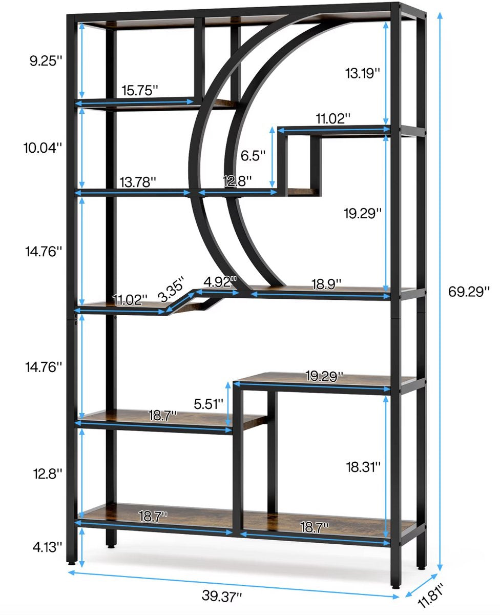 Bookcase - Shelving - Open Cabinet - Wood - 6 layers - Industrial - Black metal - Dark wood - 100x175x30