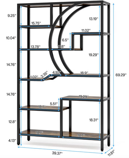 Bookcase - Shelving - Open Cabinet - Wood - 6 layers - Industrial - Black metal - Dark wood - 100x175x30