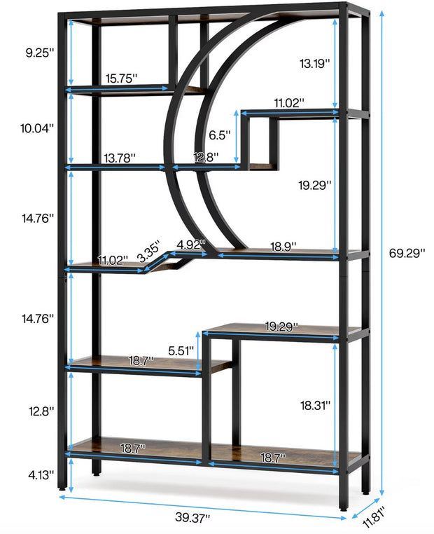 Bookcase - Shelving - Open Cabinet - Wood - 6 layers - Industrial - Black metal - Dark wood - 100x175x30