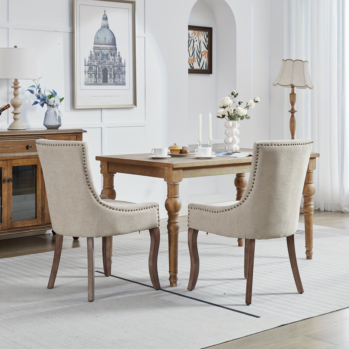 Eetkamerstoel – Stoel – Kuipstoel – Armstoel – Dining Chair – Set Van 2 – Beige – Gouden Metalen Poten – Dikke Gevulde Zitting Met Brede Rugleuning
