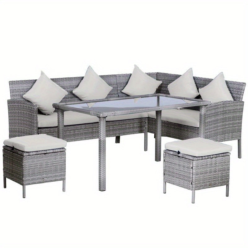 5-Tlg. Gartenmöbel Set, Rattan Sitzgruppe Mit Fußhocker, Metall, Grau, 142 X 60 X 75 Cm