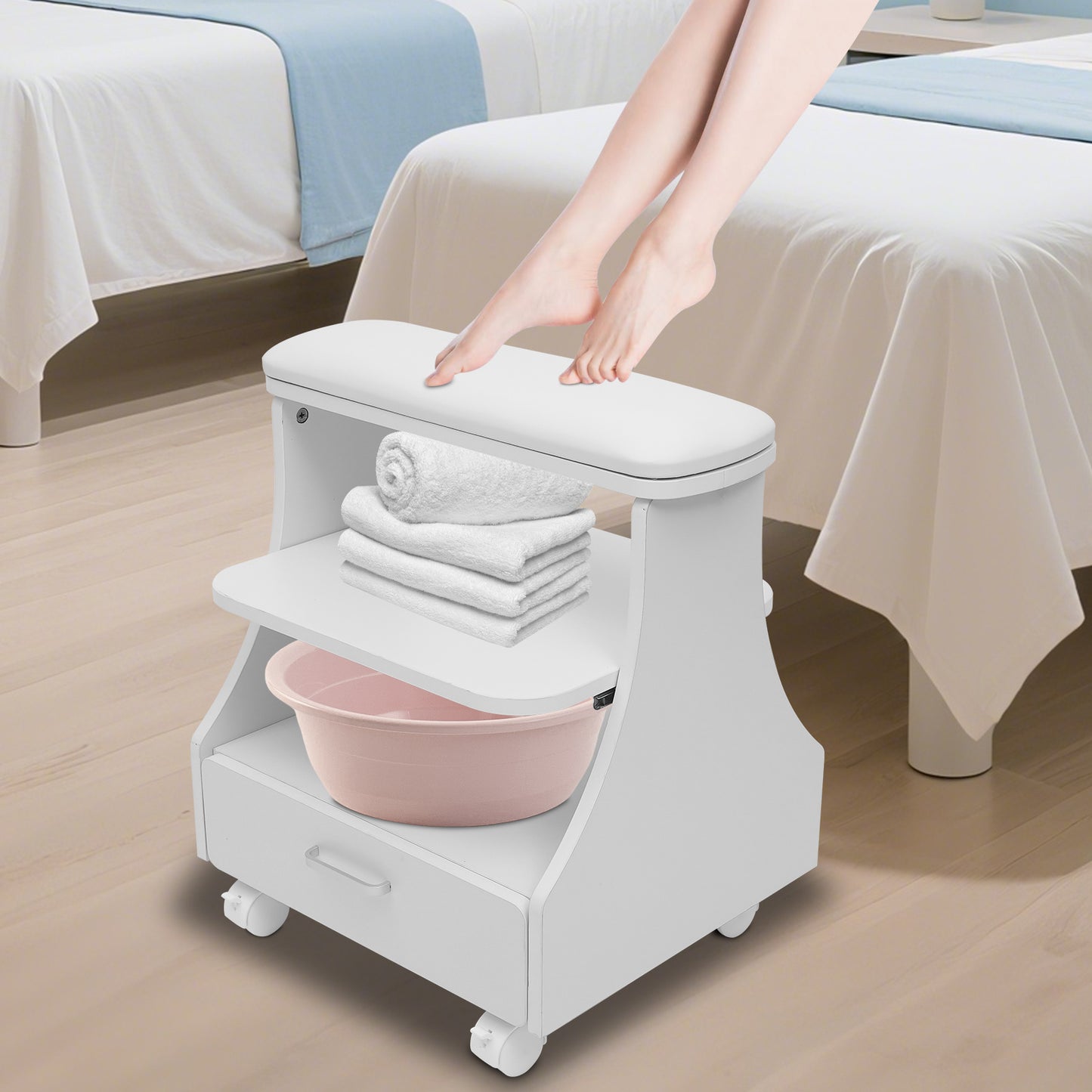 Pedicurekruk – Voetbadkruk – Pedicurestoel – Salonkruk – Spa Kruk – Robuuste Constructie – Breed Zittingoppervlak – Gemakkelijk Schoon Te Maken – Wit Modern Design