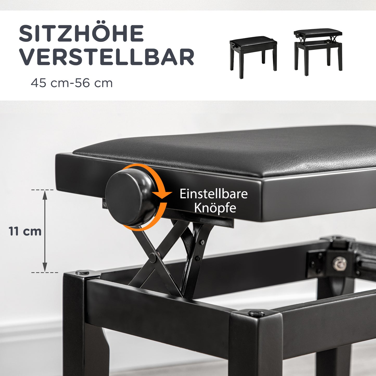 Pianobank – Piano Kruk – Keyboard Bank – Muziekbank – Zwarte Verstelbare Hoogte – Kunstleer Zitting – Massief Rubberhout Frame – Hoogglans Afwerking