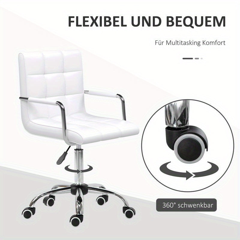 Adjustable Height Ergonomic Office Chair with 5-Wheel Swivel Base, Height-Adjustable Mechanism & Lumbar Support - Heavy-Duty Metal Frame, White Retro Modern Design Computer Desk Chair with Padded Armrests, 54.5cm Seat Height,
