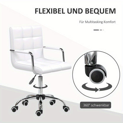 Adjustable Height Ergonomic Office Chair with 5-Wheel Swivel Base, Height-Adjustable Mechanism & Lumbar Support - Heavy-Duty Metal Frame, White Retro Modern Design Computer Desk Chair with Padded Armrests, 54.5cm Seat Height,