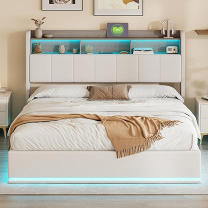 Tweepersoonsbed – Opbergbed – Bed met LED Verlichting – Fluwelen Bed – Stalen Bedframe – 160x200 cm – USB Aansluiting – Ingebouwde Opbergruimte