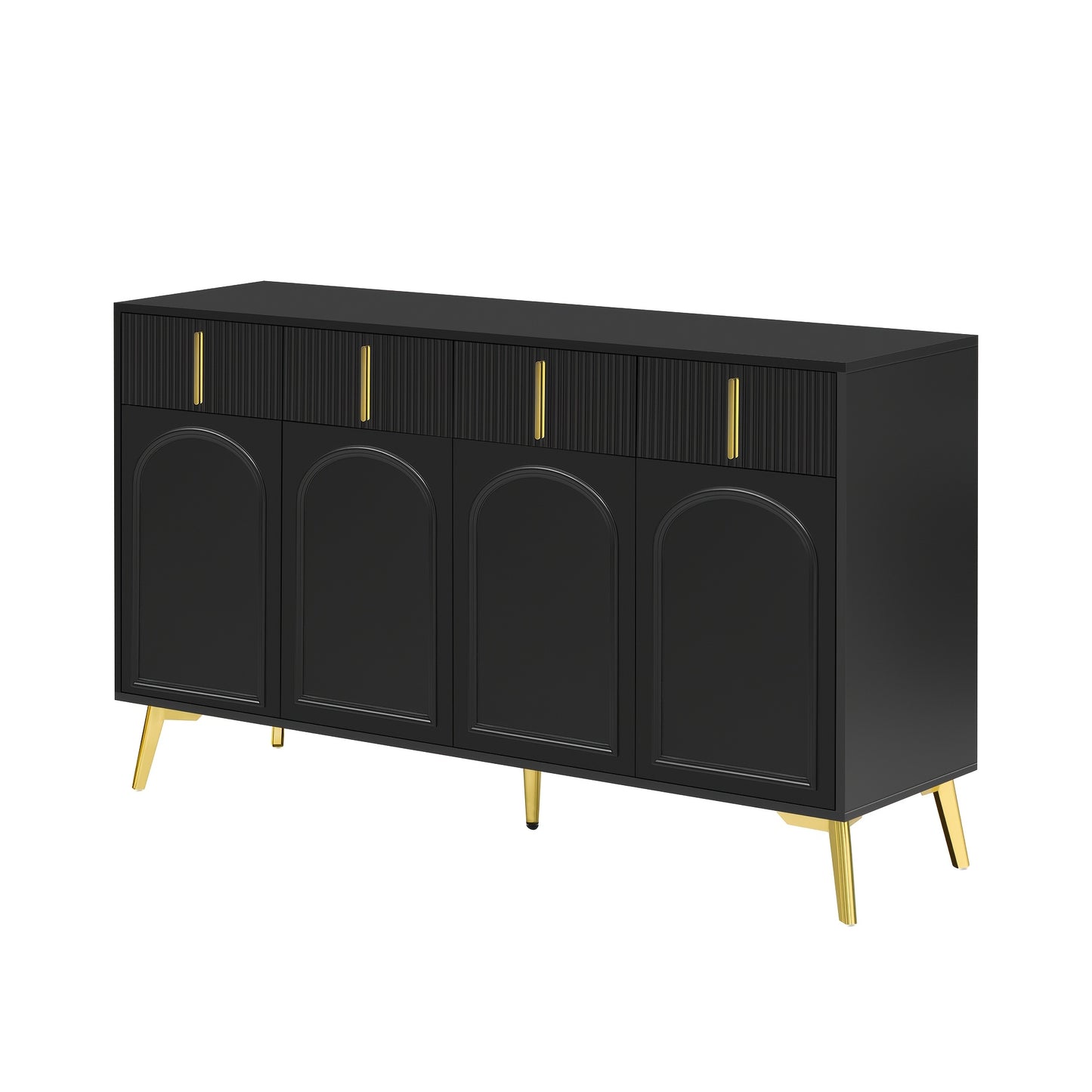 Dressoir – Opbergkast – Ladekast – Commode – TV-meubel – Mat Zwart Met Gouden Accenten – 4 Deuren En 4 Laden – Hardhout Met Afneembaar Laminaat – 140 cm Breed