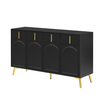 Dressoir – Opbergkast – Ladekast – Commode – TV-meubel – Mat Zwart Met Gouden Accenten – 4 Deuren En 4 Laden – Hardhout Met Afneembaar Laminaat – 140 cm Breed