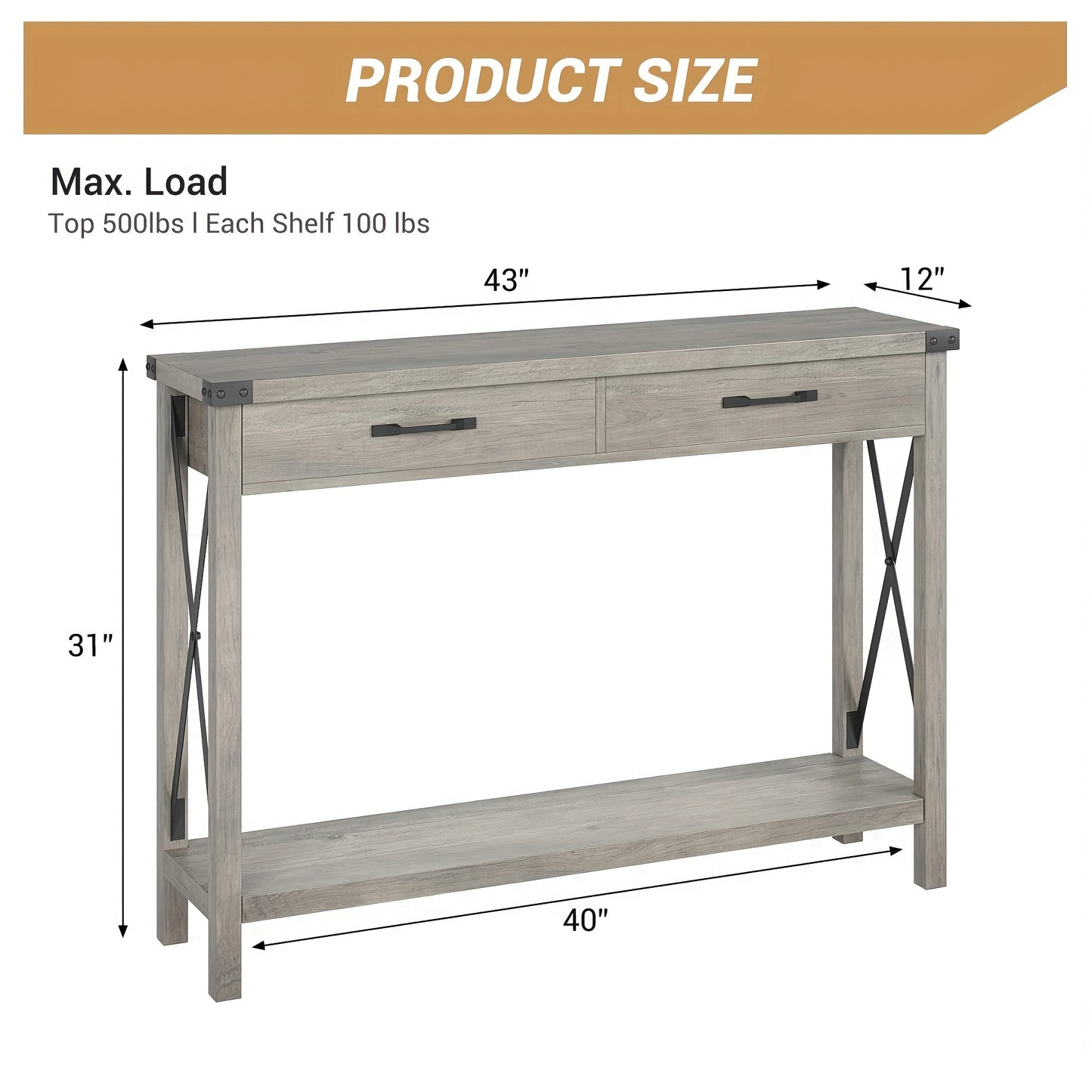 Industrial 78.74cm Console Table with Drawers & Open Shelf - Solid Narrow Sofa Table, Grey/Black-Finished Entryway Hall Table, Space-Saving 2-Tier for Living Room, Corridor, No Assembly Required (Modern Farmhouse Style)
