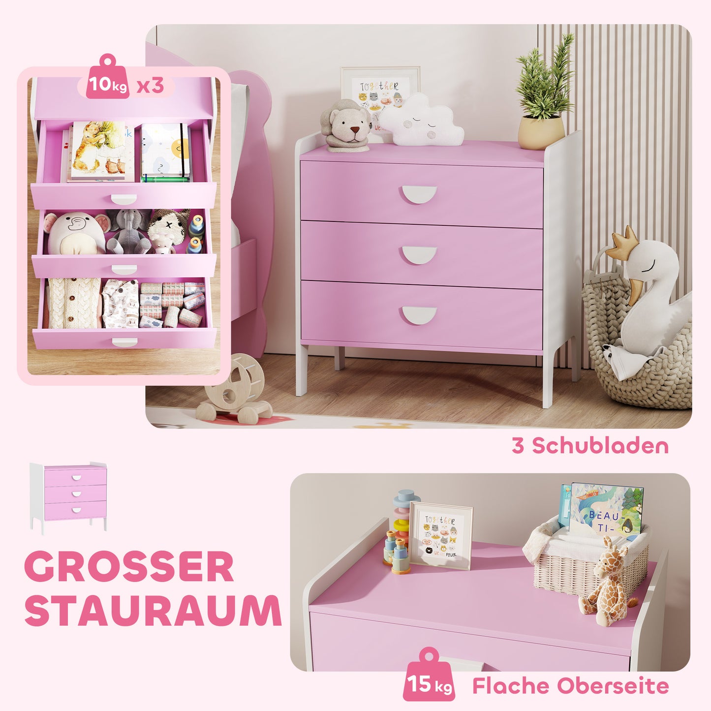 Kinderladekast – Opbergkast Kinderkamer – Ladekast Speelgoed – Kledingkast Kind – Kast Roze Wit – 3 Ruime Lades – Kindvriendelijk Veilig Design
