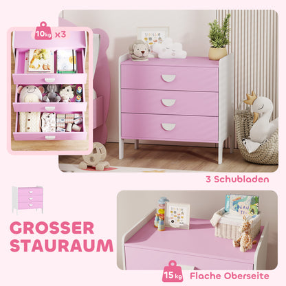 Kinderladekast – Opbergkast Kinderkamer – Ladekast Speelgoed – Kledingkast Kind – Kast Roze Wit – 3 Ruime Lades – Kindvriendelijk Veilig Design