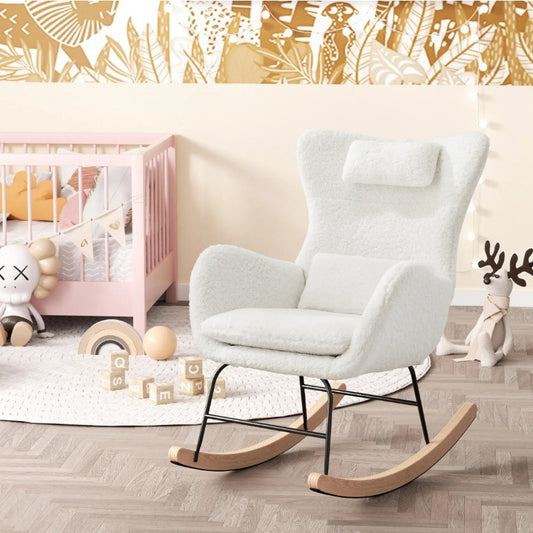 Living Room Single Chair, Lounge Chair, Soft Teddy Bear Plush Rocking Chair, Living Room Lounger with Headrest - Weight Capacity up to 113kg, White,  Cozy Seating, Stylish Seating, Premium Upholstery, Comfortable Seating, Sma