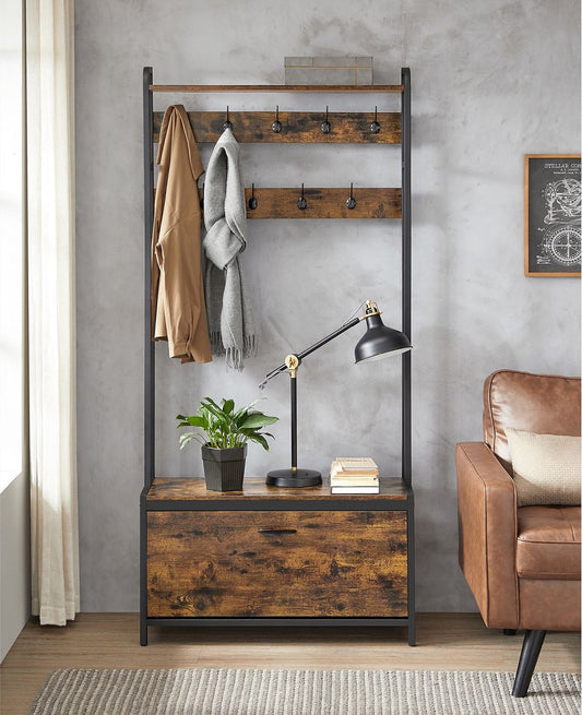 Vasagle Kapstok met schoenenkast - kapstok met bank - kledingrek - schoenenrek - 9 haken - bovenste plank - voor hal - slaapkamer - industrieel design - vintage bruin - Zwart